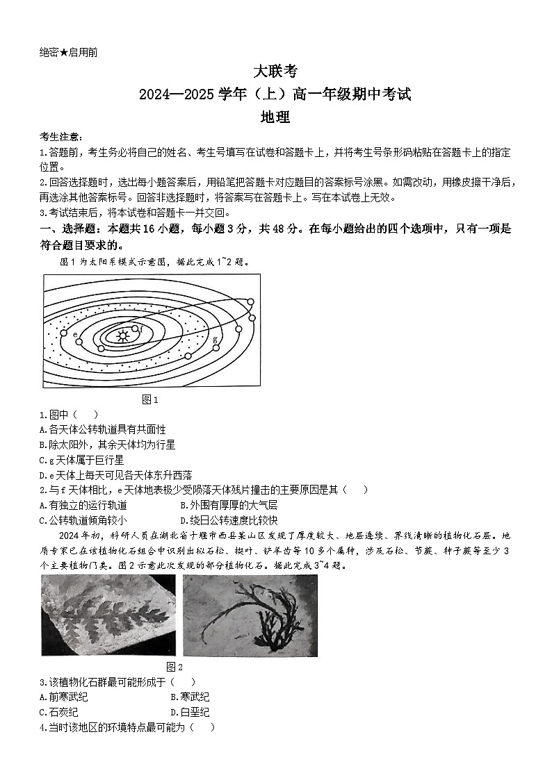 河南省部分学校2024-2025学年高一上学期11月期中地理试题第1页