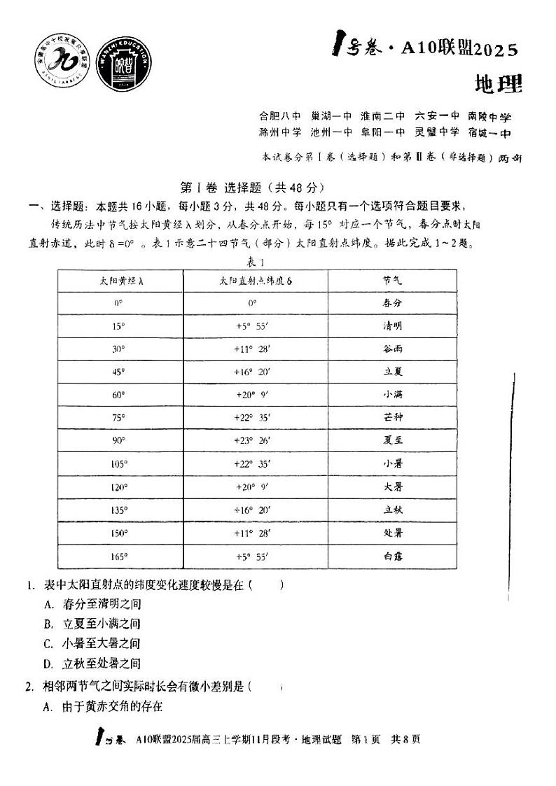 2025届安徽省1号卷A10联盟高三上学期11月考-地理试卷+答案第1页