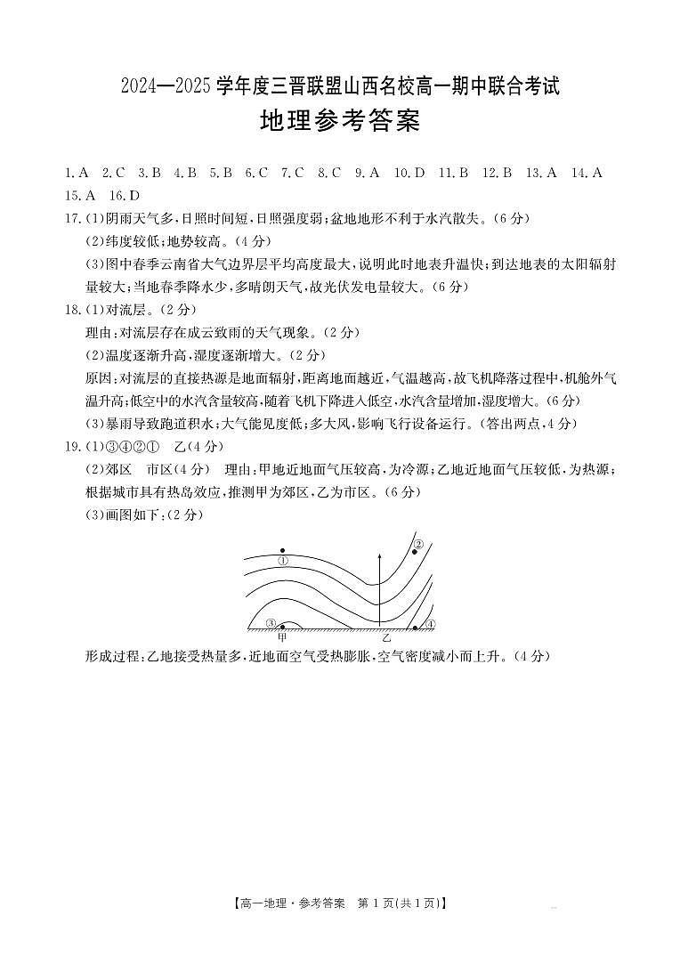 山西省三晋联盟名校2024-2025学年高一上学期11月期中地理试题01