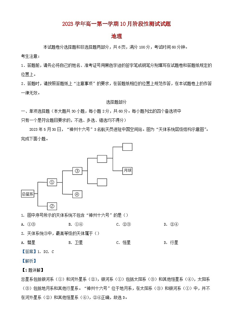 浙江省嘉兴市2023_2024学年高一地理上学期10月阶段性测试试题含解析01