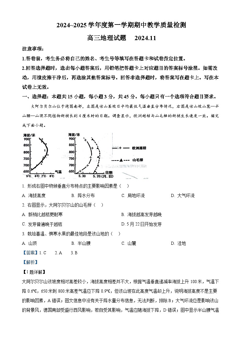 山东省聊城市2024-2025学年高三上学期期中考试地理试题 Word版含解析第1页