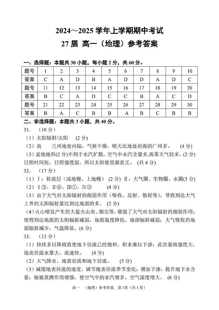 河南省郑州市第一中学2024-2025学年高一上学期期中考试地理试题01