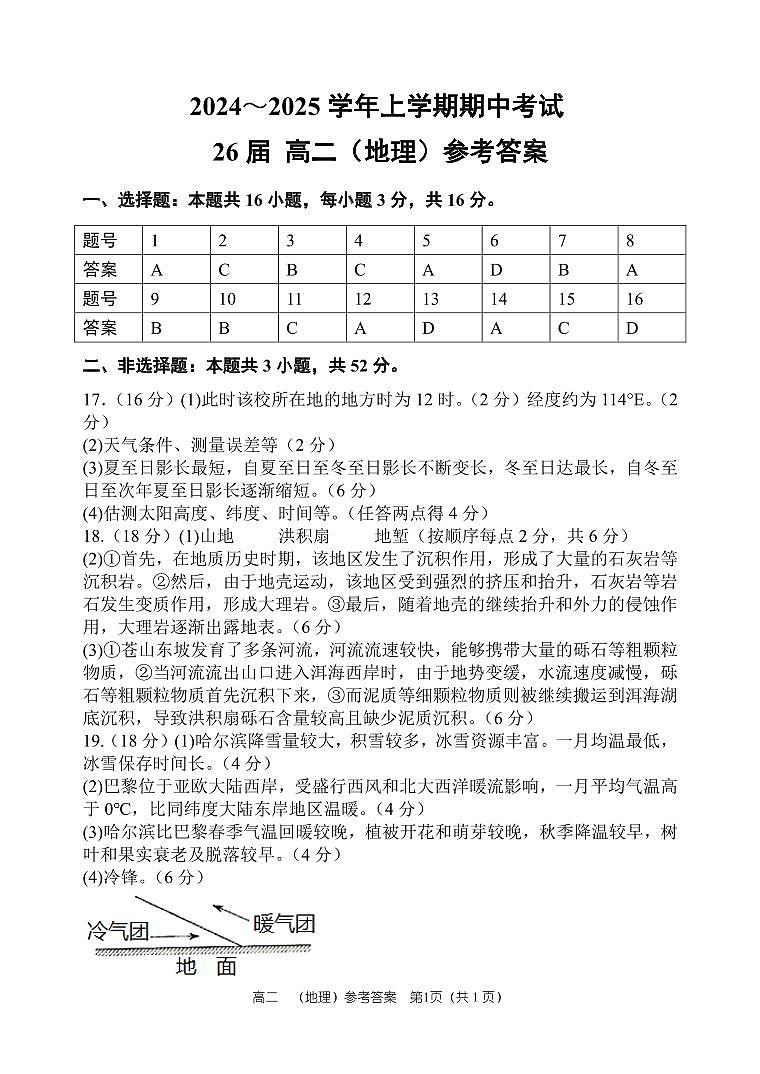 26屆高二上學(xué)期期中地理答案第1頁