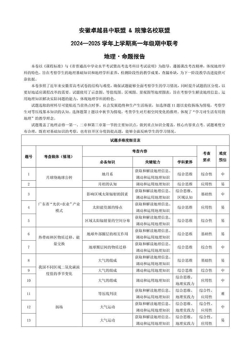 安徽卓越县中联盟 & 皖豫名校联盟 2024-2025学年上学期高一年级期中联考地理试卷及参考答案01