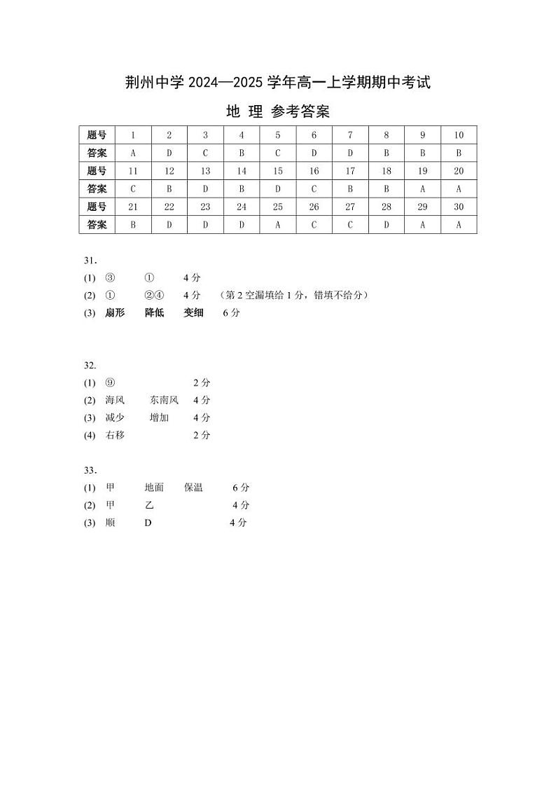 湖北省荆州中学2024-2025学年高一上学期期中考试地理试题答案第1页