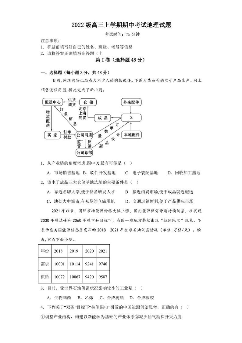 四川省眉山市仁寿第一中学校南校区2024~2025学年高三(上)期中地理试卷(含答案)01