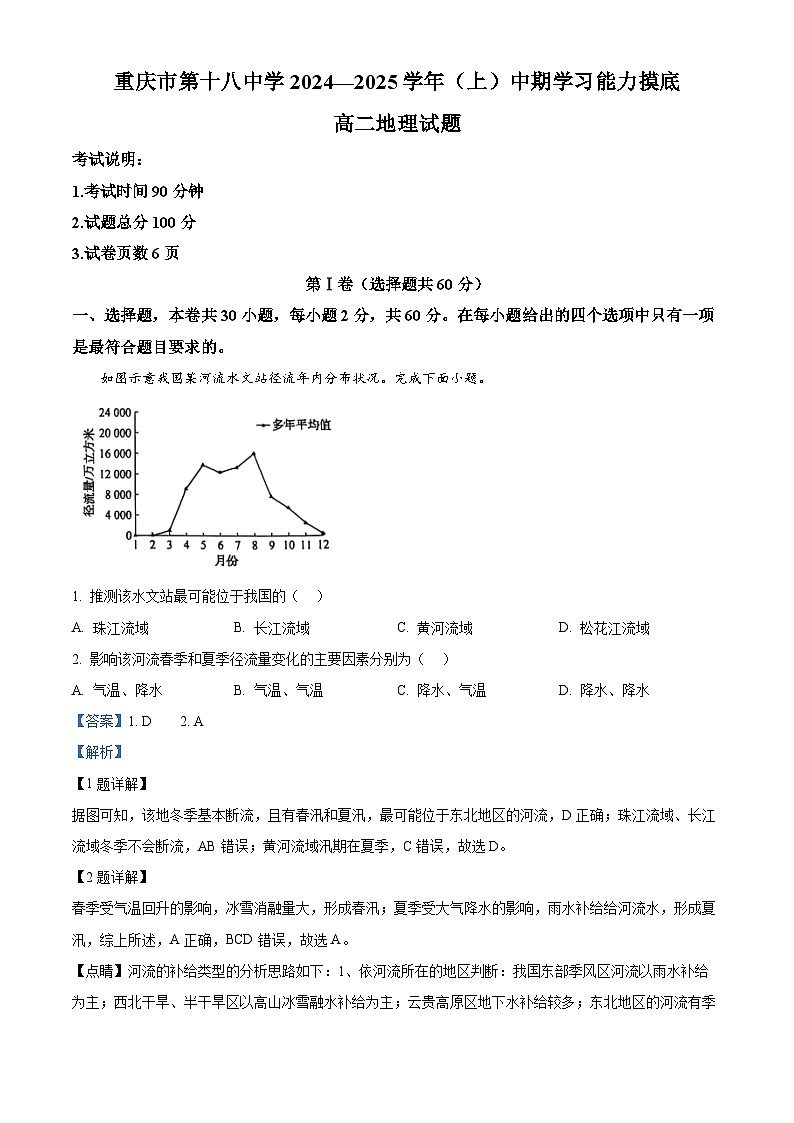 重庆市第十八中学2024-2025学年高二上学期期中考试地理试题 Word版含解析第1页