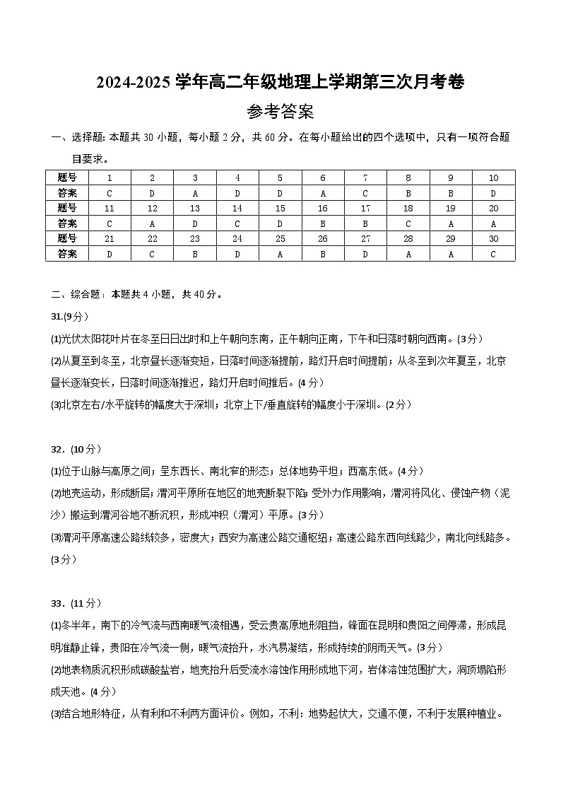 高二地理第三次月考卷(参考答案)第1页