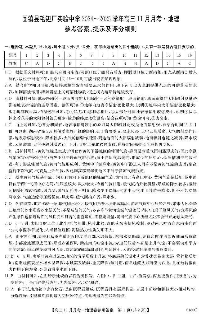安徽省蚌埠市固镇县毛钽厂实验中学2024-2025学年高三上学期11月月考试地理试题答案第1页
