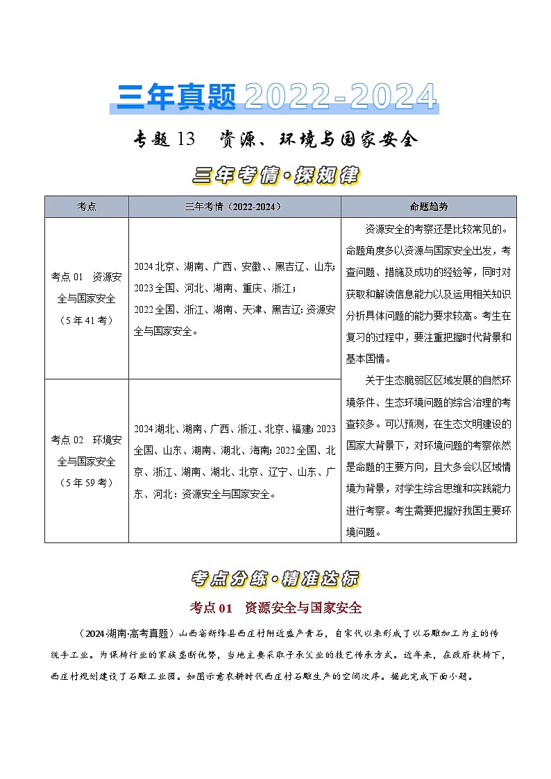 三年高考真题(2022-2024)分类汇编 地理 专题13资源、环境与国家安全 含解析第1页