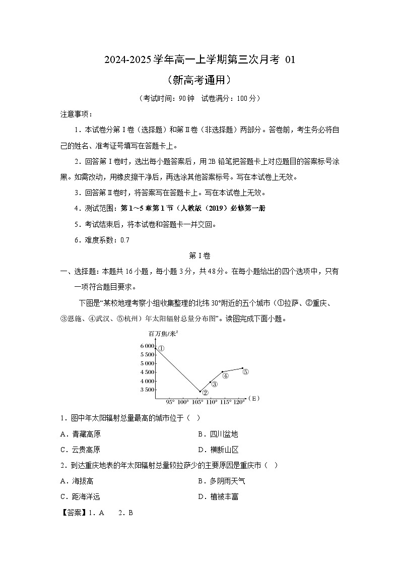 2024~2025学年高一(上)第三次月考01(新高考通用)地理试卷(解析版)第1页