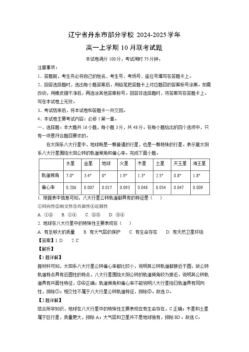 2024~2025学年辽宁省丹东市部分学校高一上学期10月联考地理试卷(解析版)第1页