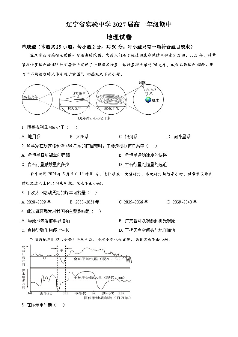 辽宁省实验中学2024-2025学年高一上学期期中考试文综地理试题 Word版无答案第1页