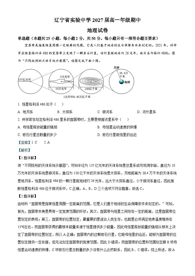 辽宁省实验中学2024-2025学年高一上学期期中考试文综地理试题 Word版含解析第1页