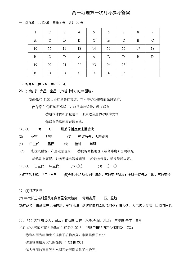 云南省保山市智源高级中学2024-2025学年高一上学期10月月考地理答案第1页