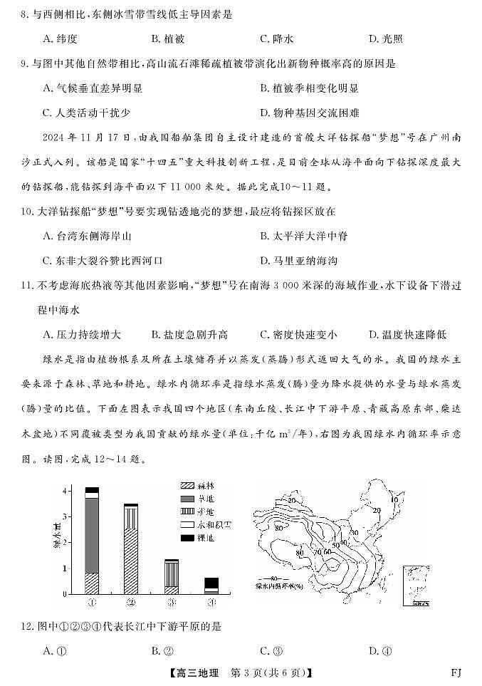 福建省部分重点高中2024-2025学年高三上学期12月测评地理试卷PDF版含答案第3页