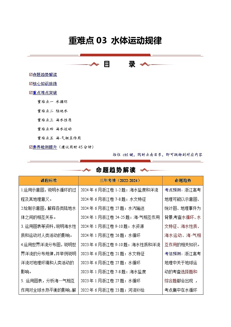 重难点03 水体运动规律-2025年高考地理 热点 重点 难点 专练(浙江专用)(原卷版)第1页
