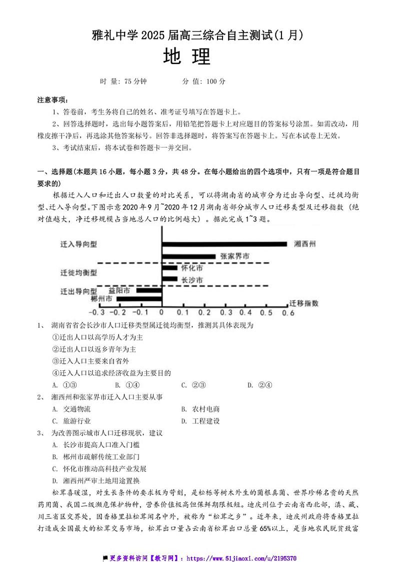 2024~2025学年湖南省长沙市雅礼中学高三上1月综合自主测试地理试卷(含答案)第1页