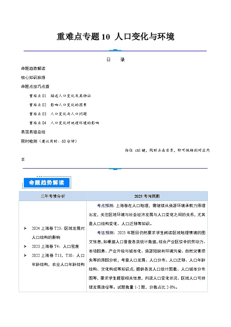 重难点专题10 人口变化与环境-2025年高考地理 热点 重点 难点 专练(上海专用)(原卷版)第1页