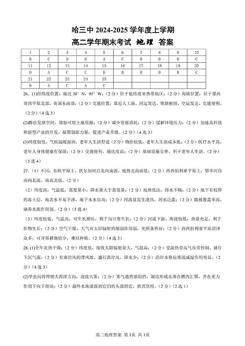 哈三中2024-2025学年度上学期高二学年期期末考试地理答案第1页