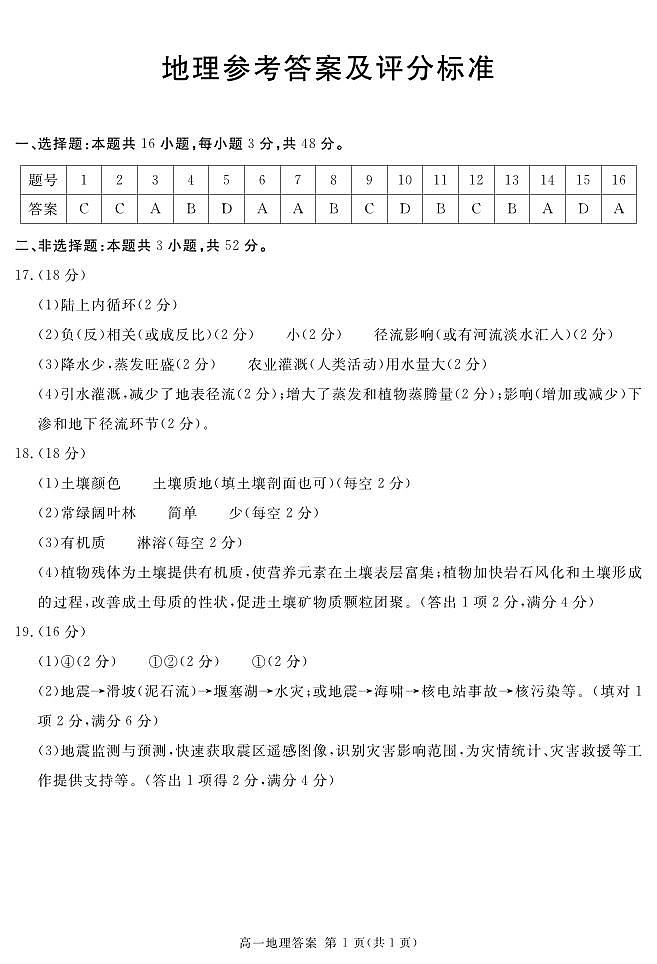 2027届地区期末地理答案(简答)第1页