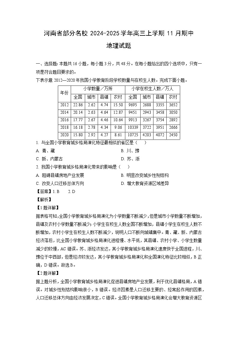 2024~2025学年河南省部分名校高三上学期11月期中地理试卷(解析版)第1页