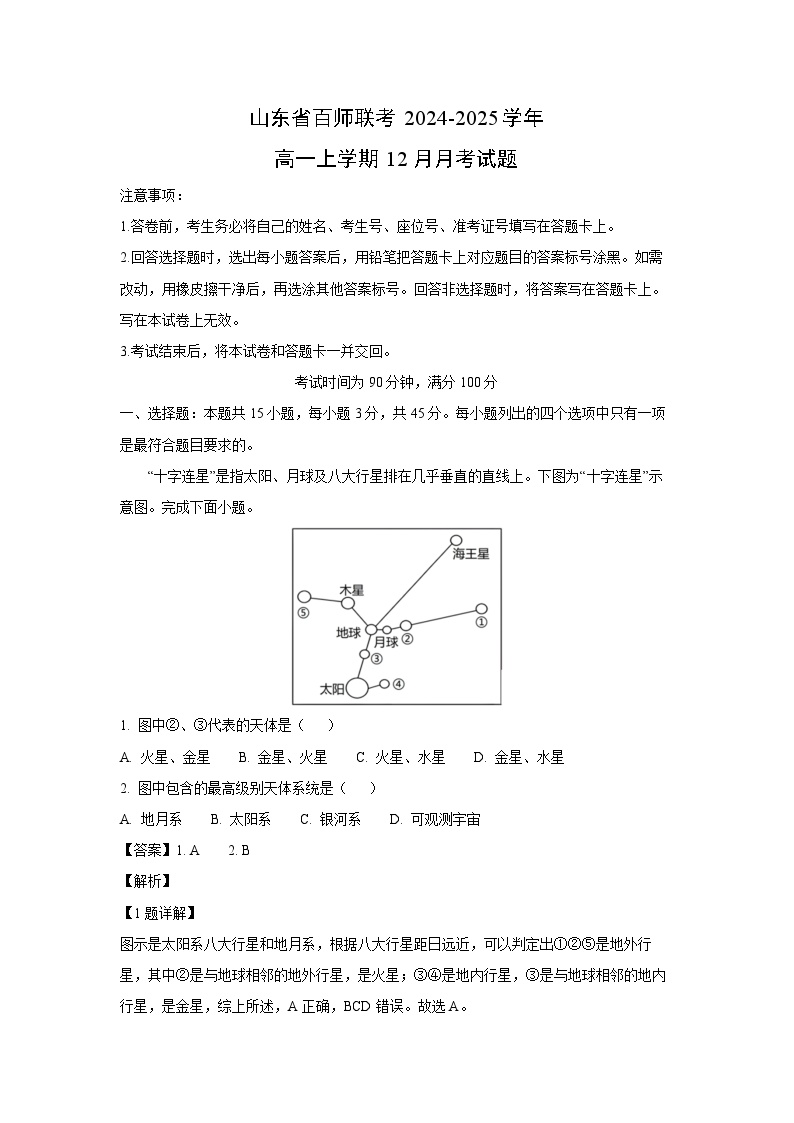 2024~2025学年山东省百师联考高一上学期12月月考地理试卷（解析版）