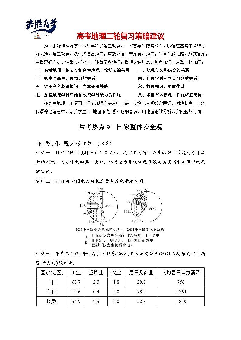 第三部分 考前增分三 常考热点9 国家整体安全观--2025年高考地理大二轮专题复习题库(讲练)第1页