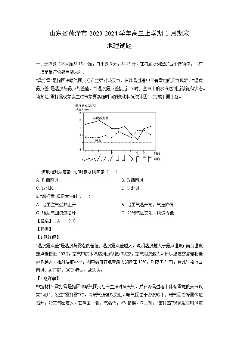 2023-2024学年山东省菏泽市高三上学期1月期末地理试卷(解析版)第1页