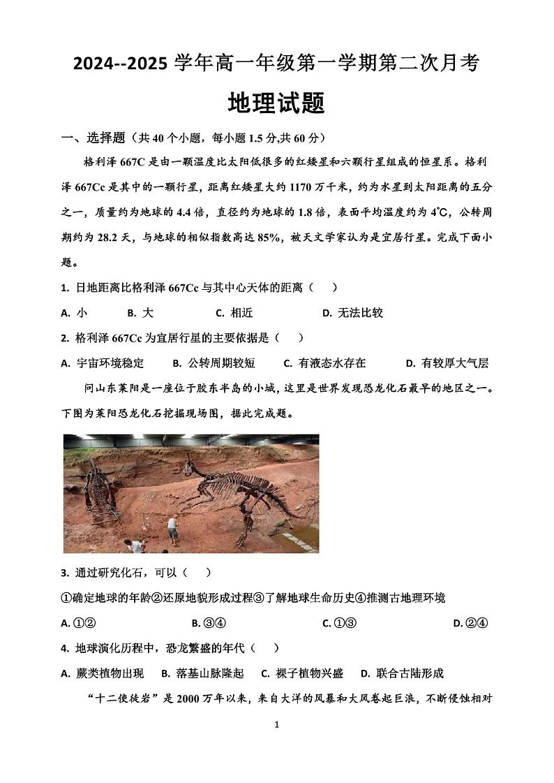 山东省聊城市临清市实验高级中学2024-2025学年高一上学期第二次月考地理试题第1页