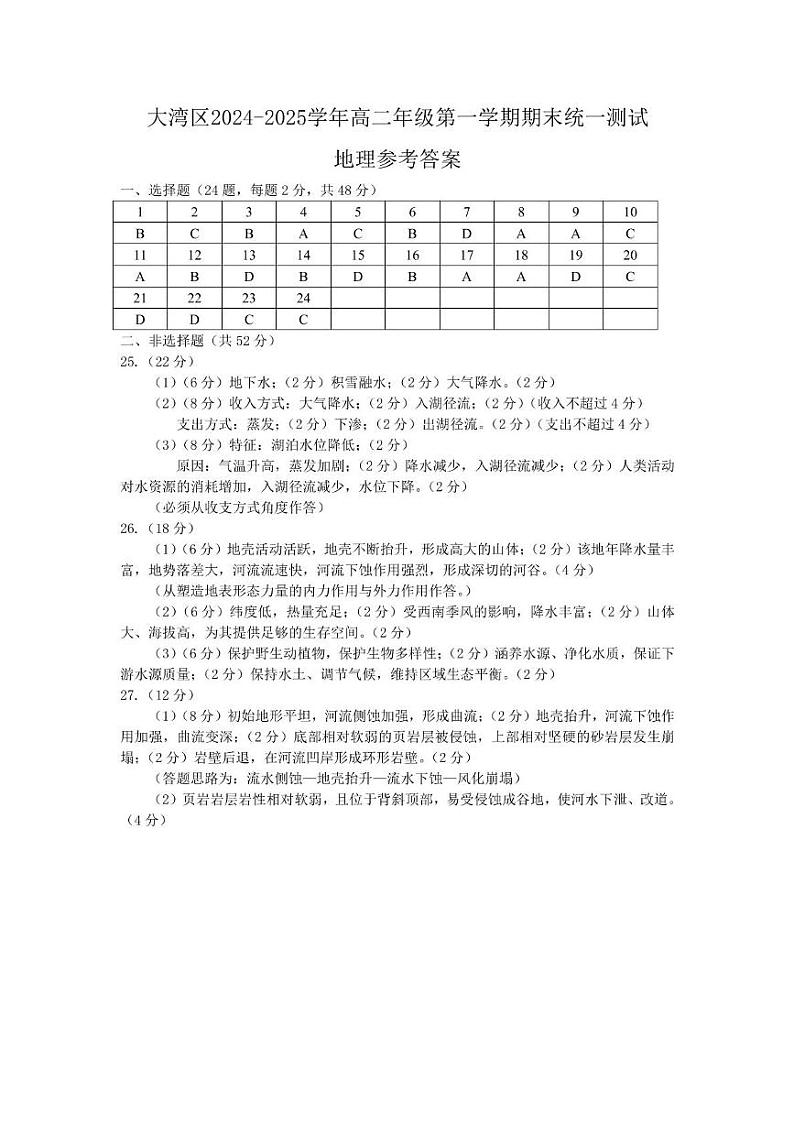 大湾区2024-2025学年高二年级第一学期期末统一测试地理答案第1页