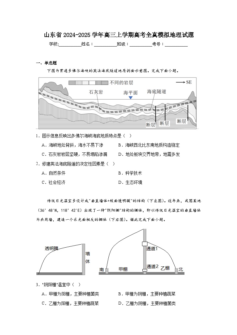 山东省2024-2025学年高三上学期高考全真模拟地理试题