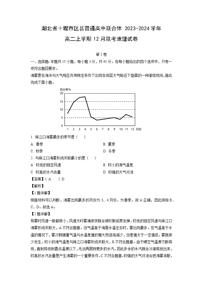 2023~2024学年湖北省十堰市区县普通高中联合体高二上12月联考地理试卷（解析版）