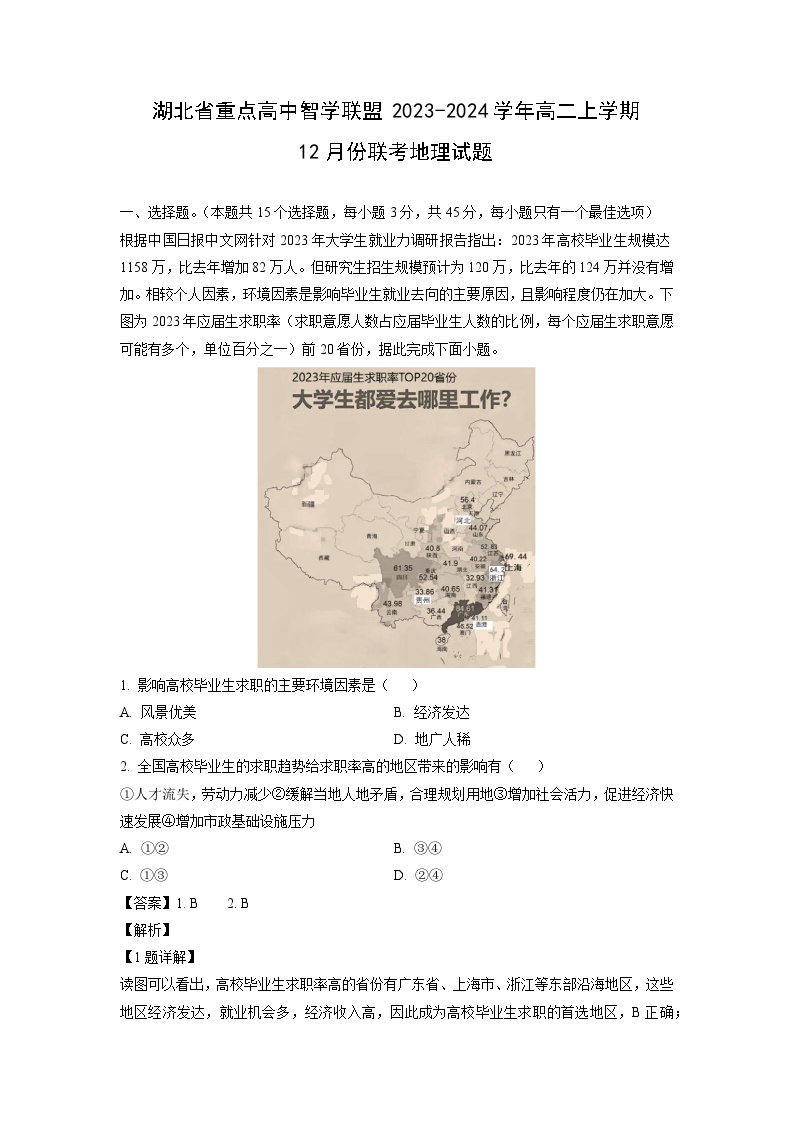 2023~2024学年湖北省重点高中智学联盟高二上12月份联考地理试卷（解析版）