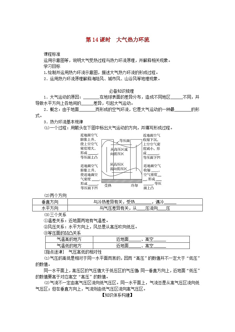 2025版高考地理全程一轮复习学案第四章地球上的大气第14课时大气热力环流第1页