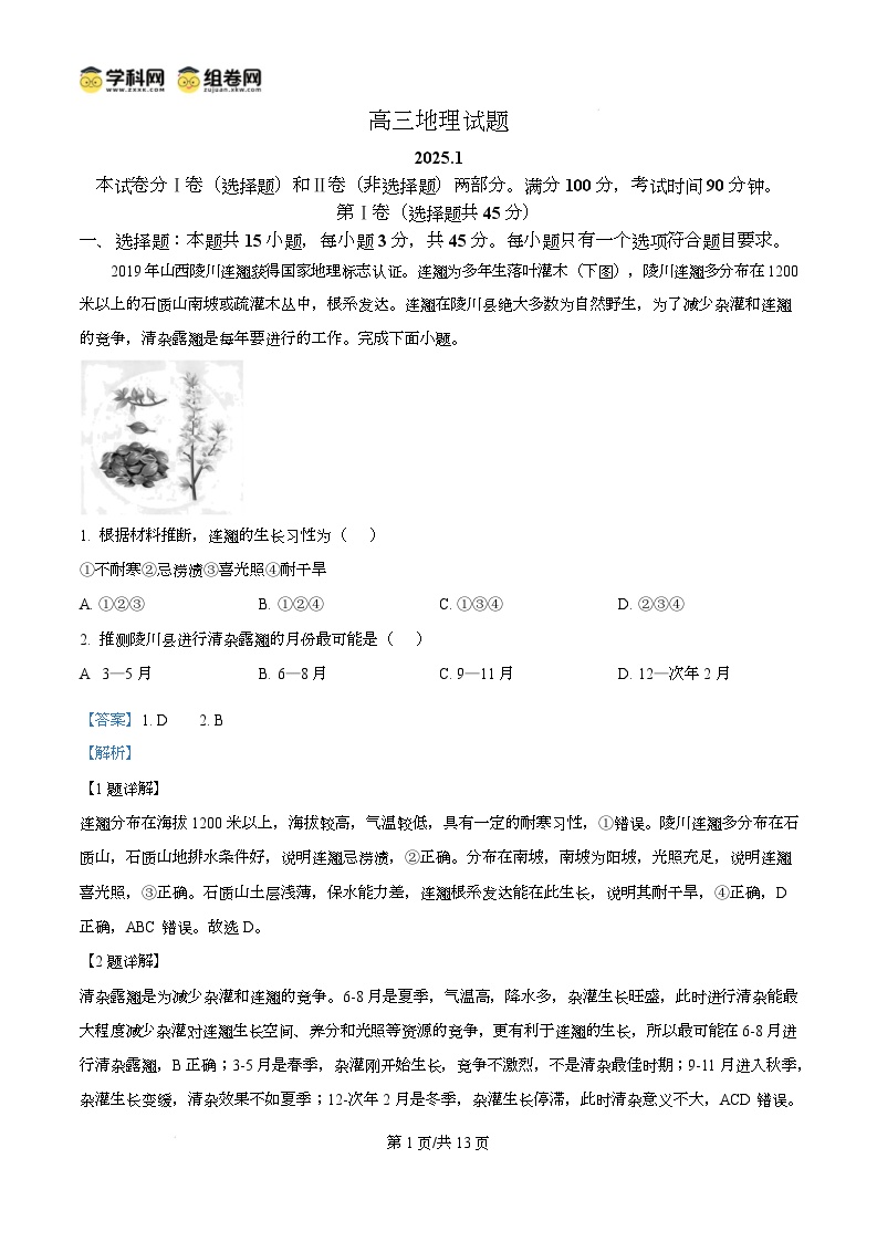 2025德州高三上学期1月期末考试地理含解析