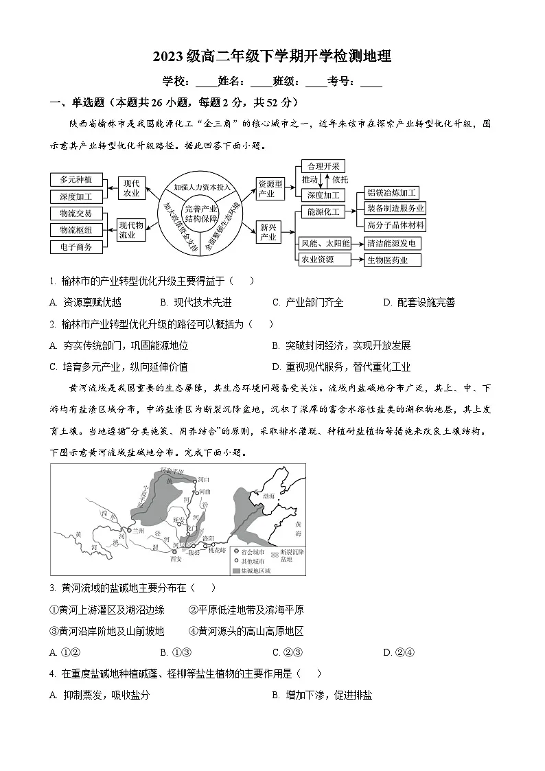 山东省菏泽市东明县第一中学2024-2025学年高二下学期开学地理试题(原卷版)第1页