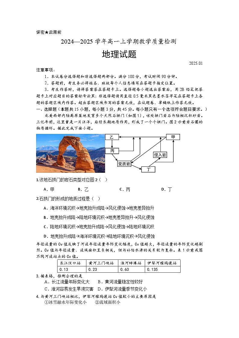 山东省菏泽市2024-2025学年高二上学期1月期末考试地理试卷(Word版附答案)第1页