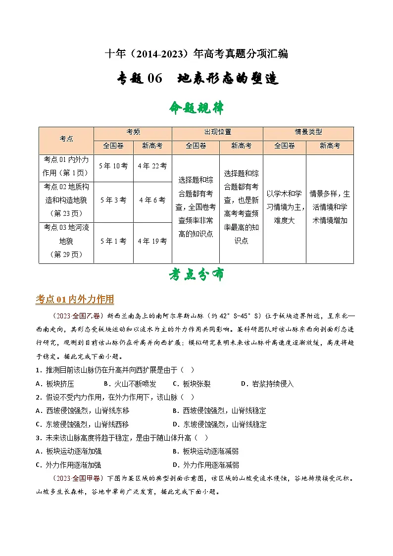 专题06 地表形态的塑造- 十年(2014-2023)高考地理真题分项汇编(学生卷)第1页