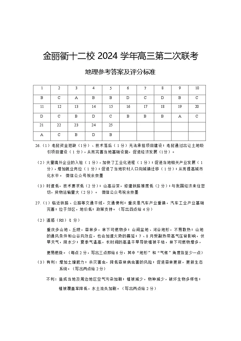 地理试卷答案 【浙江卷】浙江省金丽衢十二校2024-2025学年高三下学期第二次联考(3.12-3.14)第1页