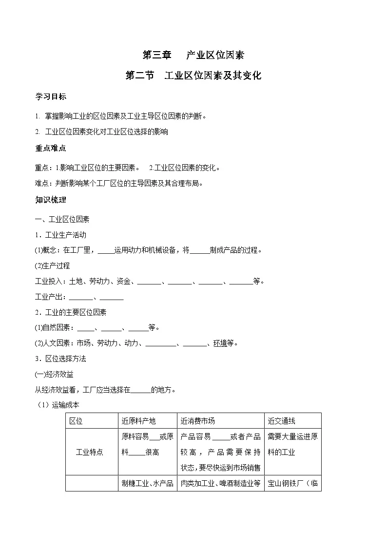 人教版高中地理必修 第二册 3-2学案《工业区位因素及其变化》第1页