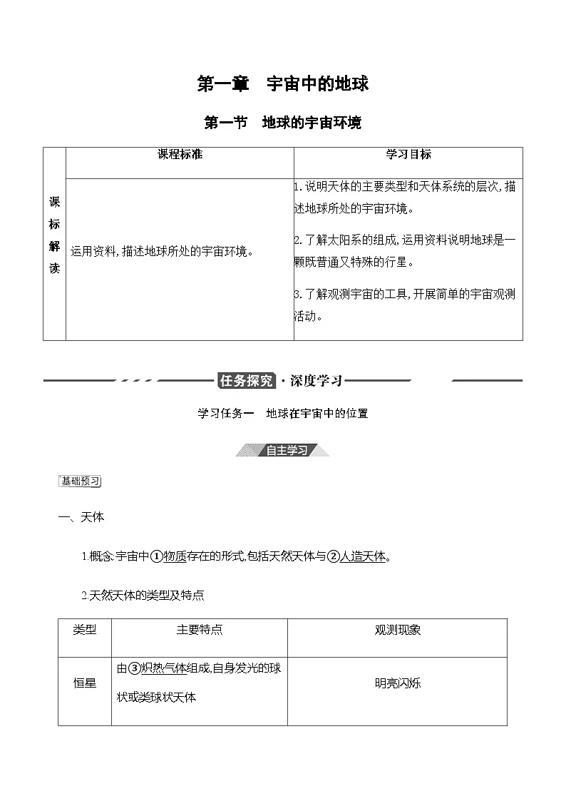 人教版高中地理 必修 第一册 1-1《地球的宇宙环境》探究学案第1页
