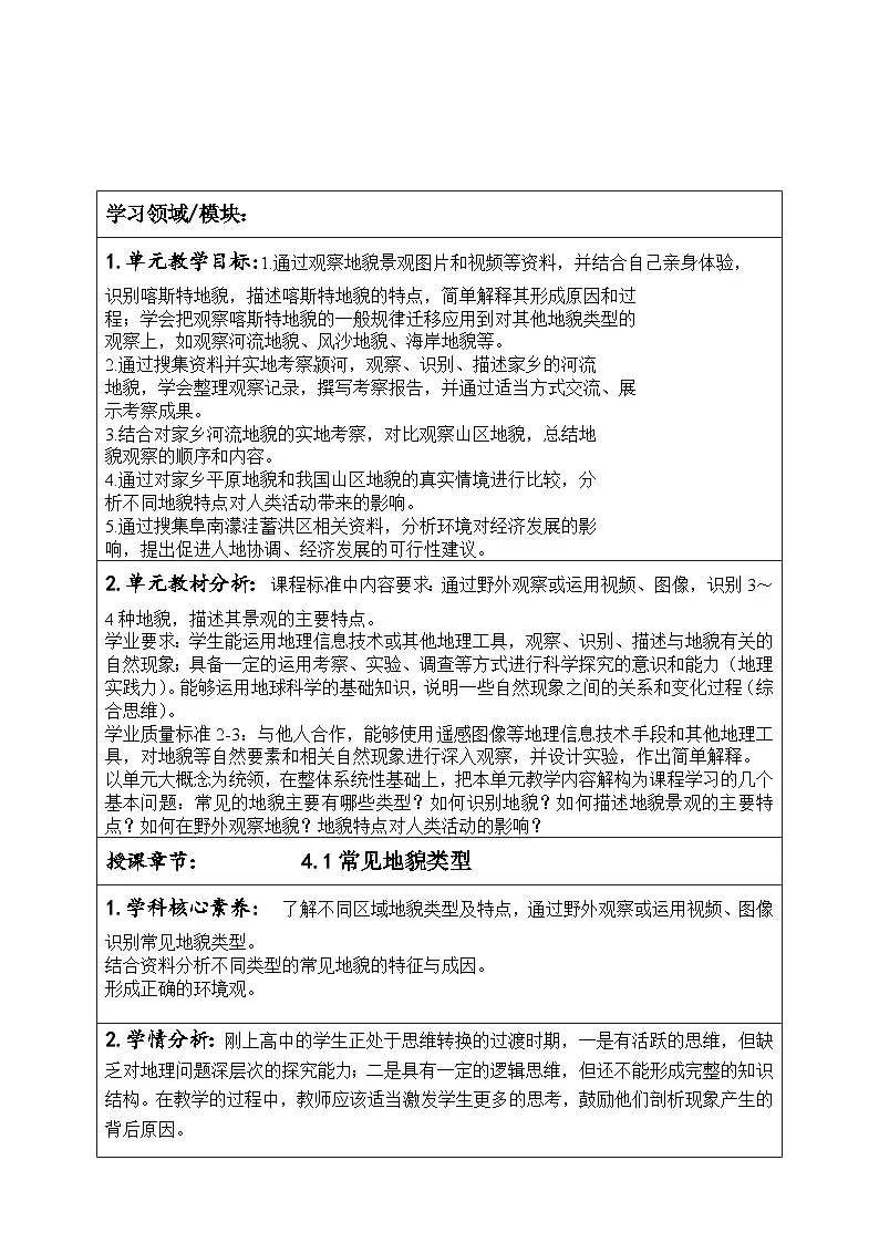 人教版高中地理必修 第一册 4-1《常见地貌类型》教案第1页