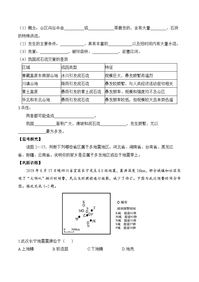 人教版高中地理必修 第一冊 6-2《地質(zhì)災(zāi)害》學(xué)案第3頁