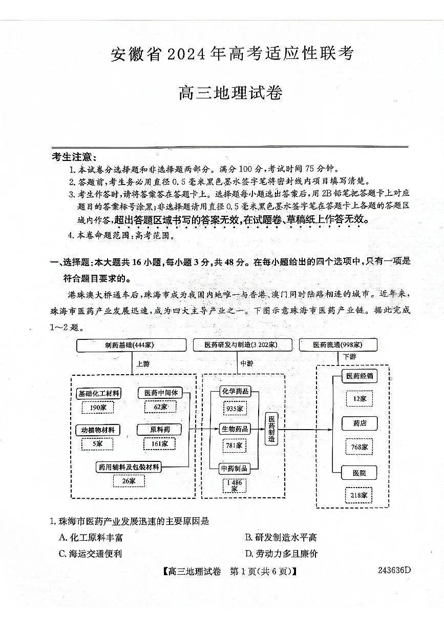 2024届安徽省名校联考高三5月适应试卷-地理(含答案)第1页