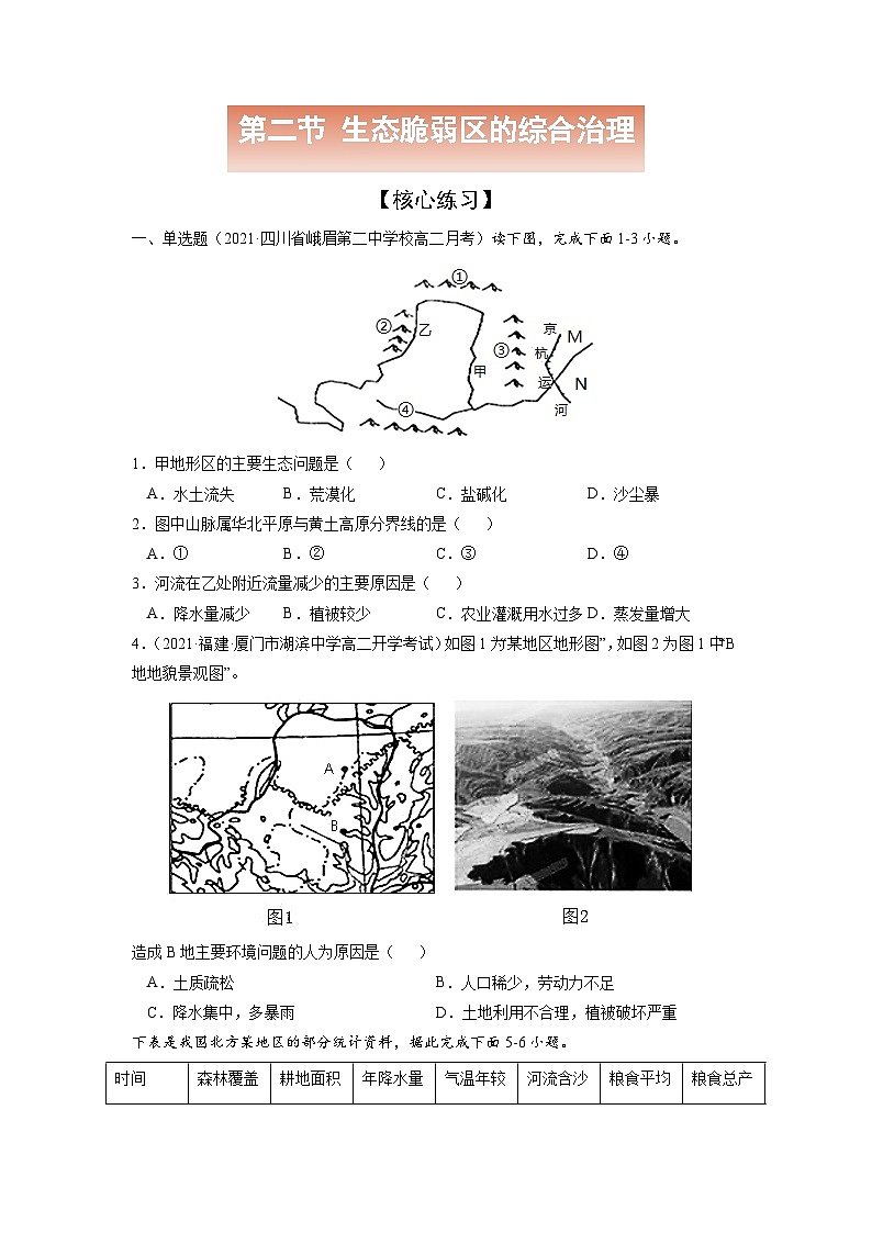 人教版高中地理选择性必修2 2-2【核心练习】《生态脆弱区的综合治理》(原卷版)第1页