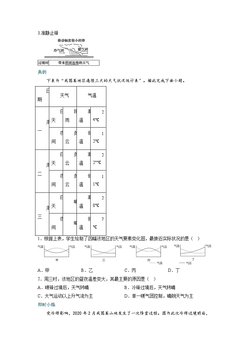 人教版选择性必修1 3-1常见天气系统-自学预习单(原卷版无答案)第2页