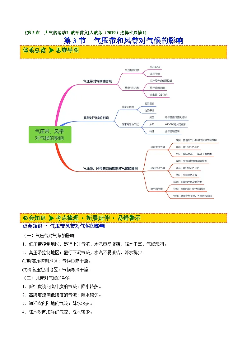 人教版选择性必修1 3-3气压带和风带对气候的影响【讲义】(原卷版无答案)第1页
