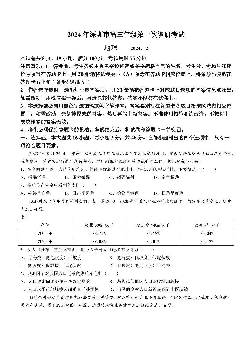 2024届广东省深圳市高三一模试卷(3月)-地理试题(含答案)第1页