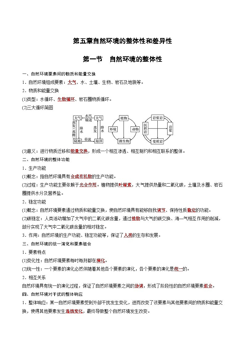 人教版高中地理选择性必修1 5-1第五章自然环境的整体性和差异性知识清单(答案版有答案)第1页